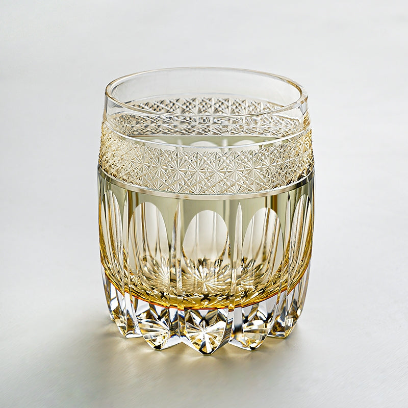 Whiskey Glass Edo Kiriko Amber Celestial – Hand-Cut Starburst Japanese Tumbler with Wooden Box