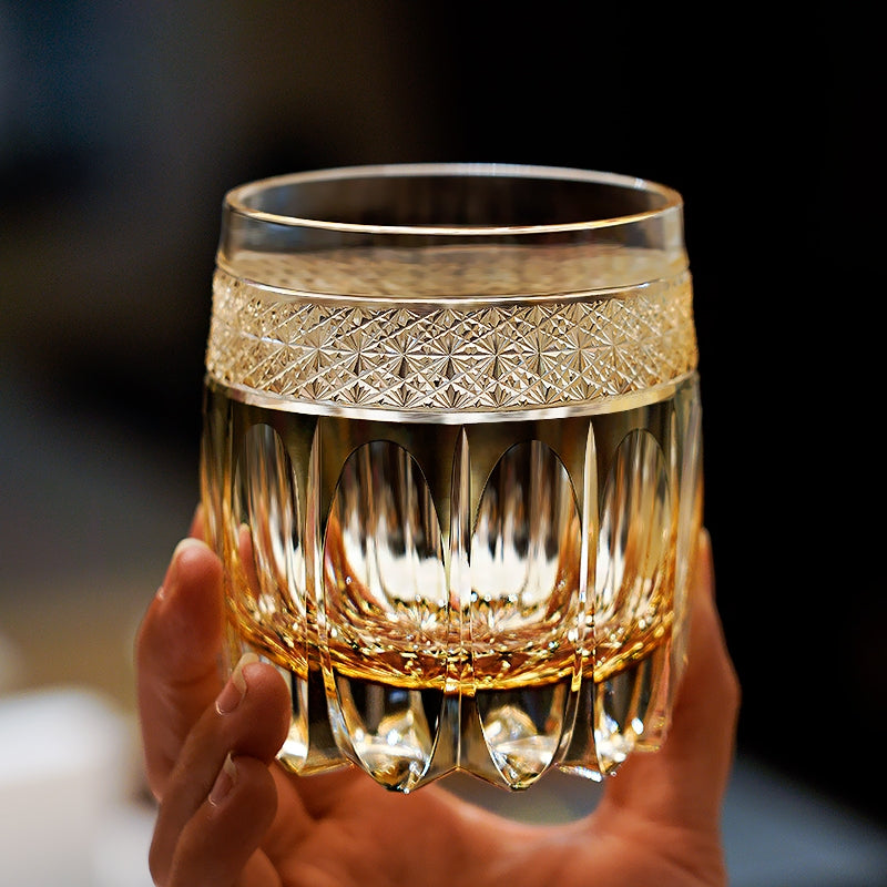 Whiskey Glass Edo Kiriko Amber Celestial – Hand-Cut Starburst Japanese Tumbler with Wooden Box