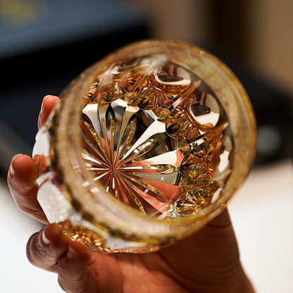Whiskey Glass Edo Kiriko Amber Celestial – Hand-Cut Starburst Japanese Tumbler with Wooden Box
