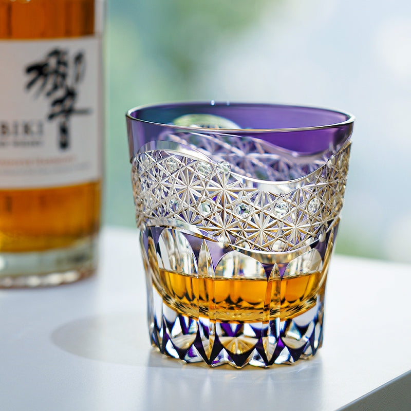 Whiskey Glass Edo Kiriko Amethyst Prism – Hand-Cut Geometric Japanese Tumbler with Wooden Box