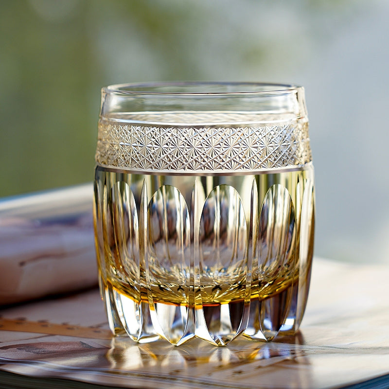 Whiskey Glass Edo Kiriko Amber Celestial – Hand-Cut Starburst Japanese Tumbler with Wooden Box