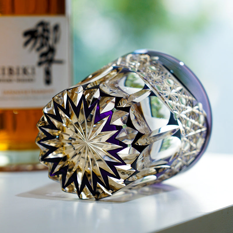 Whiskey Glass Edo Kiriko Amethyst Prism – Hand-Cut Geometric Japanese Tumbler with Wooden Box