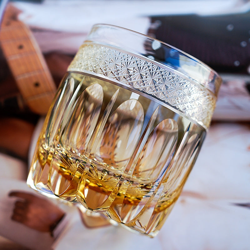Whiskey Glass Edo Kiriko Amber Celestial – Hand-Cut Starburst Japanese Tumbler with Wooden Box