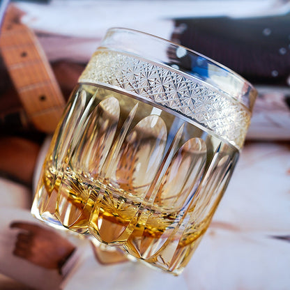 Whiskey Glass Edo Kiriko Amber Celestial – Hand-Cut Starburst Japanese Tumbler with Wooden Box