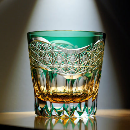 Whiskey Glass Edo Kiriko Handcrafted Emerald Prism with Wooden Gift Box