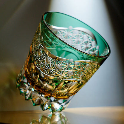Whiskey Glass Edo Kiriko Handcrafted Emerald Prism with Wooden Gift Box