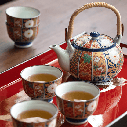 Tea Set | Japanese Imari Hasami Ware Teapot & 5 Cups Handcrafted Ceramic
