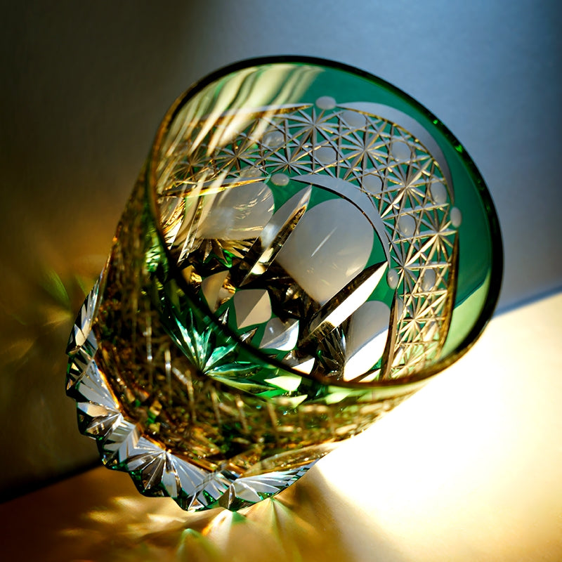 Whiskey Glass Edo Kiriko Handcrafted Emerald Prism with Wooden Gift Box