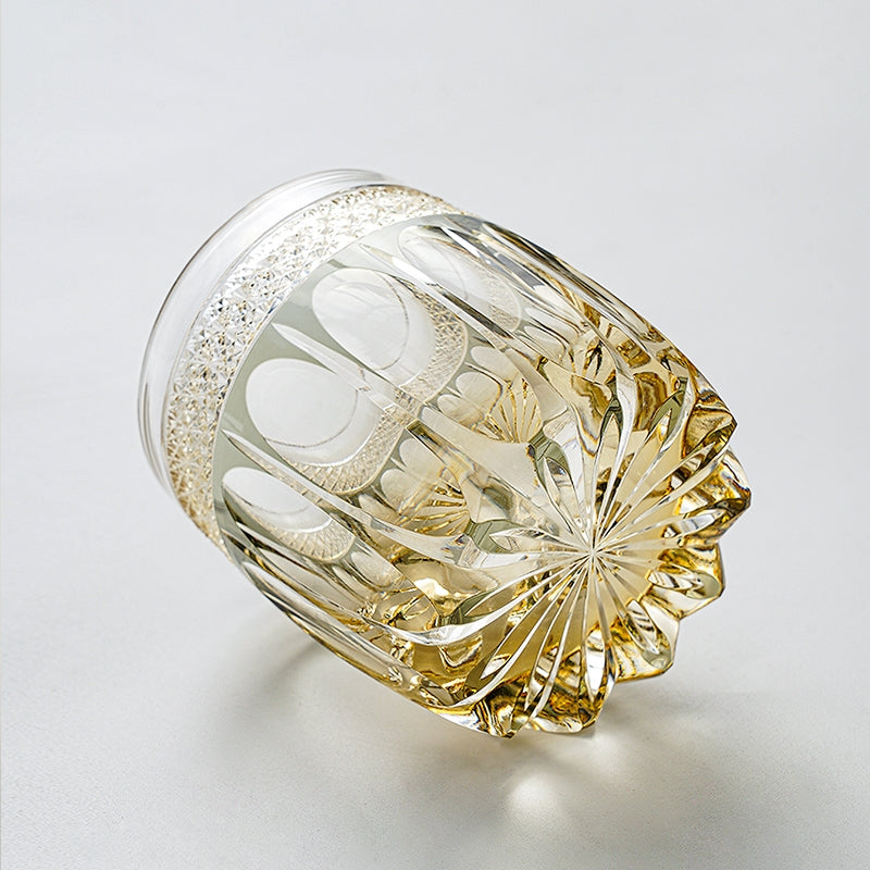 Whiskey Glass Edo Kiriko Amber Celestial – Hand-Cut Starburst Japanese Tumbler with Wooden Box
