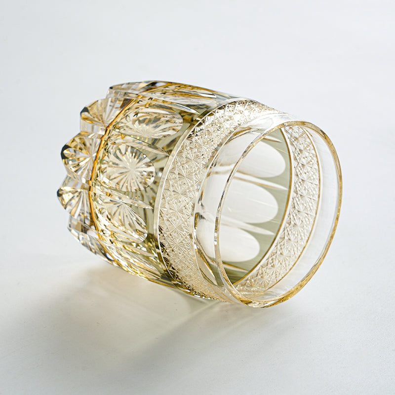 Whiskey Glass Edo Kiriko Amber Celestial – Hand-Cut Starburst Japanese Tumbler with Wooden Box