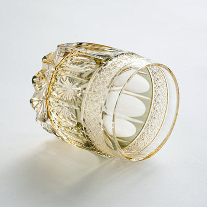 Whiskey Glass Edo Kiriko Amber Celestial – Hand-Cut Starburst Japanese Tumbler with Wooden Box