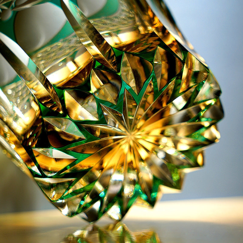Whiskey Glass Edo Kiriko Handcrafted Emerald Prism with Wooden Gift Box