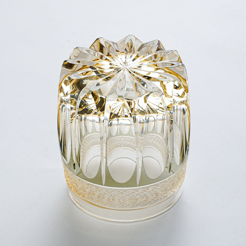 Whiskey Glass Edo Kiriko Amber Celestial – Hand-Cut Starburst Japanese Tumbler with Wooden Box