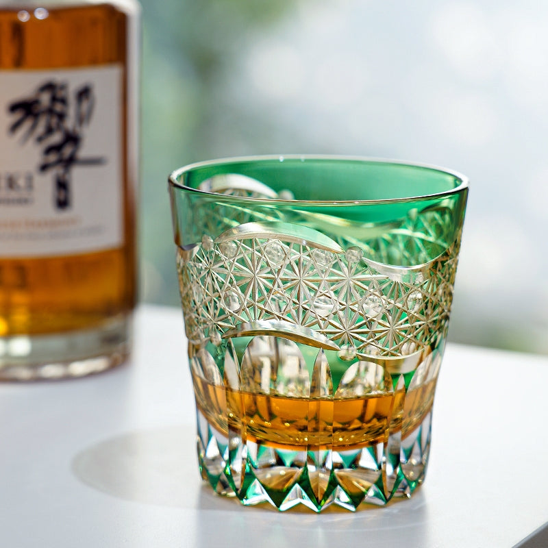 Whiskey Glass Edo Kiriko Handcrafted Emerald Prism with Wooden Gift Box