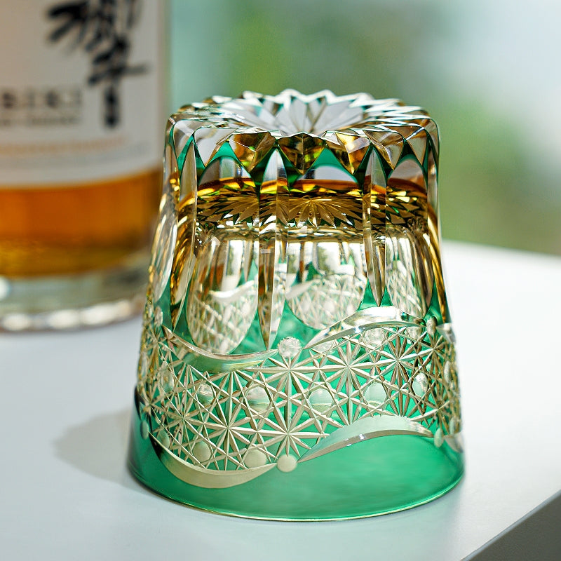 Whiskey Glass Edo Kiriko Handcrafted Emerald Prism with Wooden Gift Box