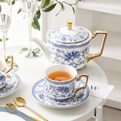 Tea Set Bone China Blue Floral Harmony Ceramic Teacup Saucer Teapot Wedding Gift Set Hand-Painted Floral