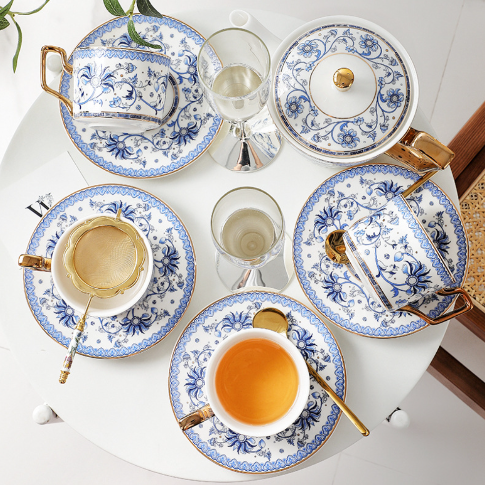 Tea Set Bone China Blue Floral Harmony Ceramic Teacup Saucer Teapot Wedding Gift Set Hand-Painted Floral