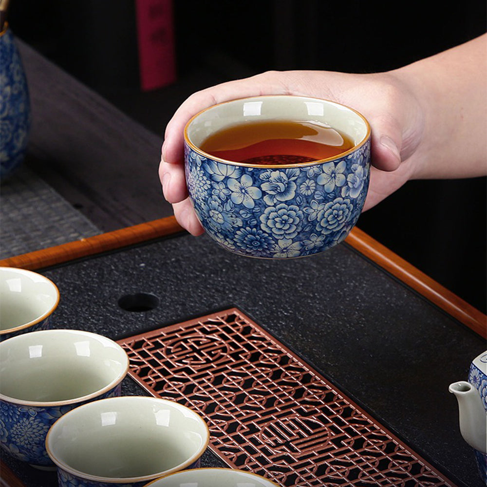 Kung Fu Tea Set Ruyao Blue White Floral 15pcs with Tray