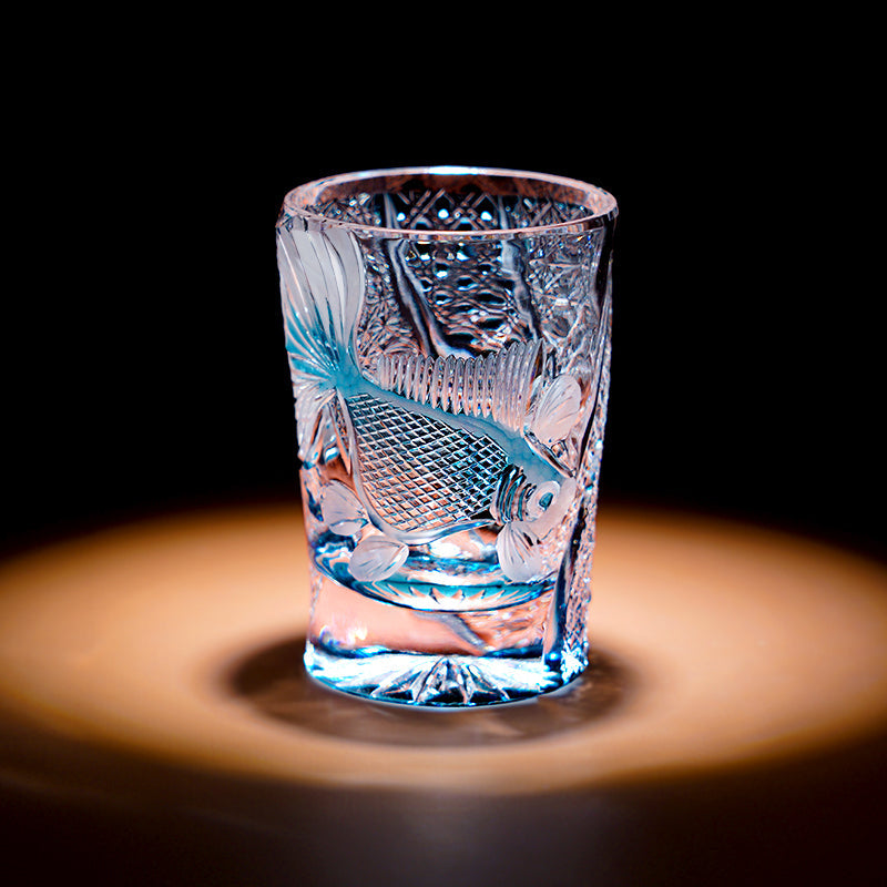 Whiskey Glass Edo Kiriko Azure Koi – Hand-Cut Koi Fish Japanese Tumbler with Wooden Box