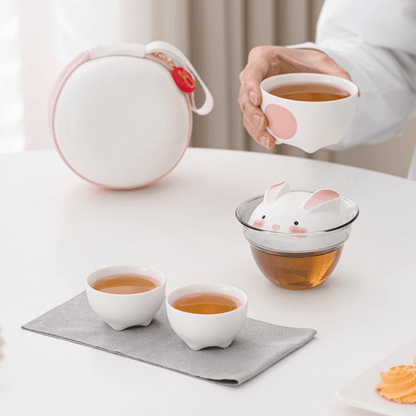 Tea Set Ceramic Bunny Teapot & Cups with Leather Carrying Case – Cute Gift Set