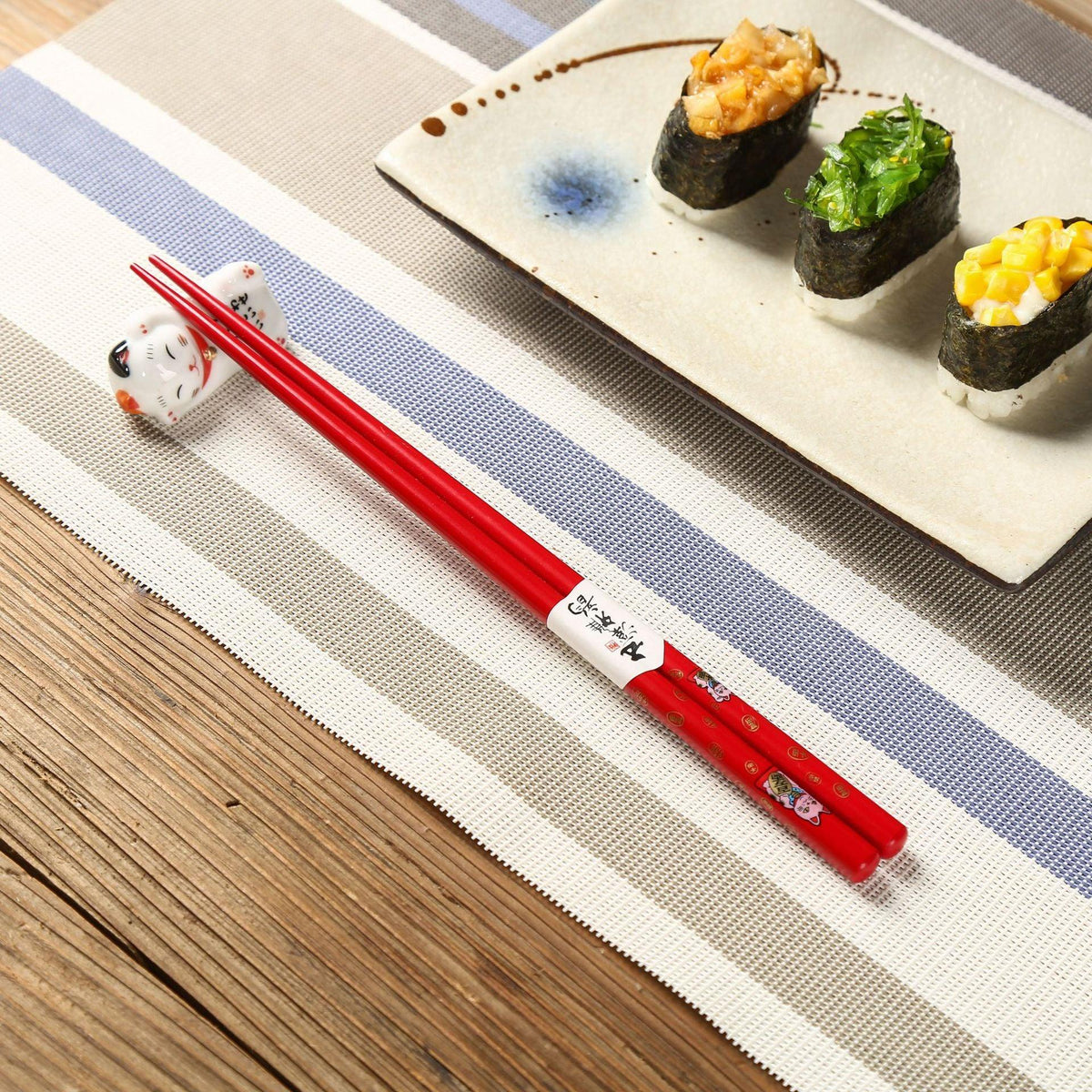 Chopstick Set | Maneki-Neko Lucky Cat Natural Wood Japanese Chopsticks with Rests