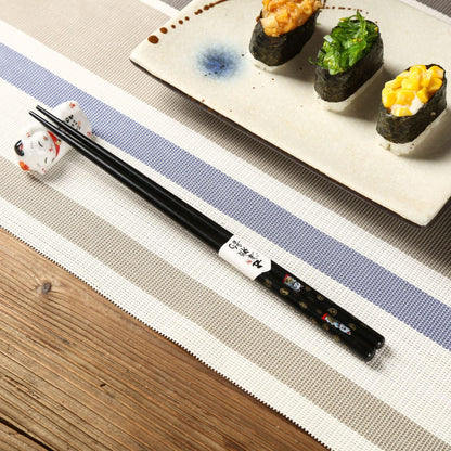 Chopstick Set | Maneki-Neko Lucky Cat Natural Wood Japanese Chopsticks with Rests