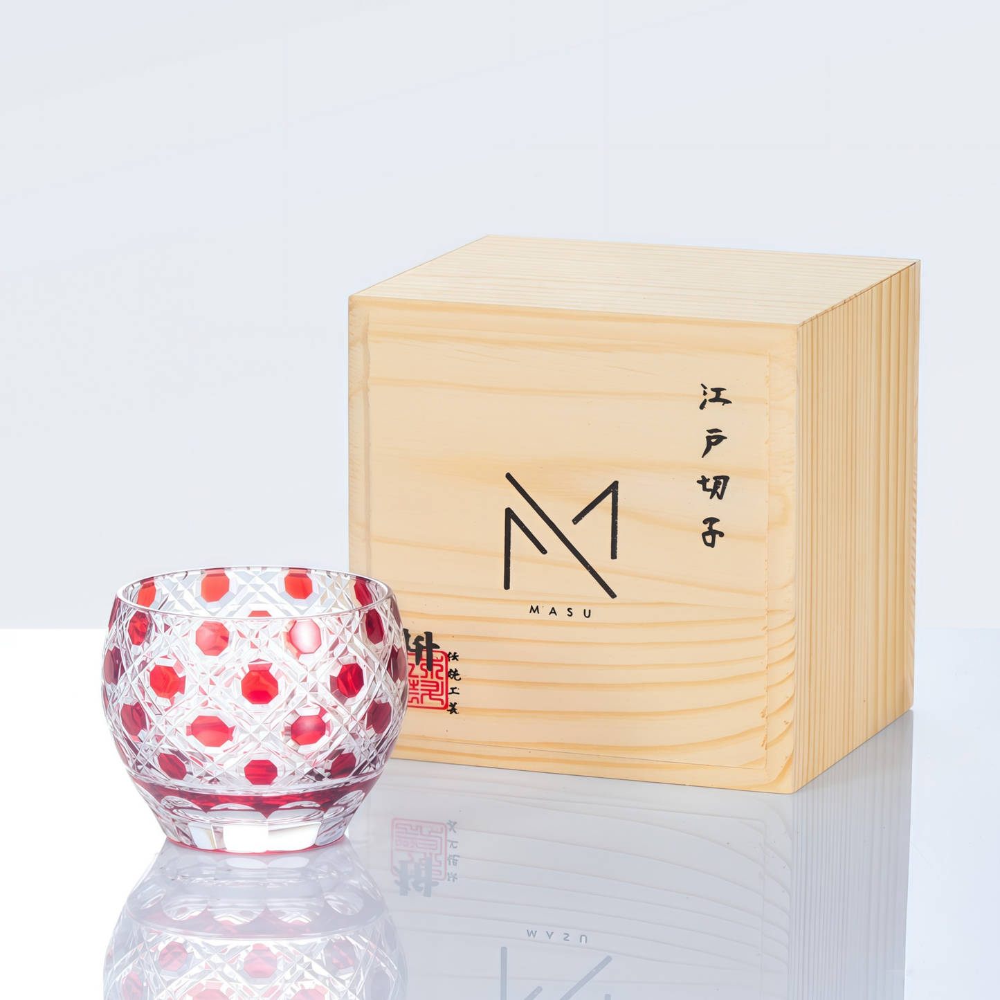 Sake Cup Edo Kiriko Akebono Guinomi Collection – Hand-Cut Crimson Japanese Sake Glass with Wooden Box | 4 Patterns