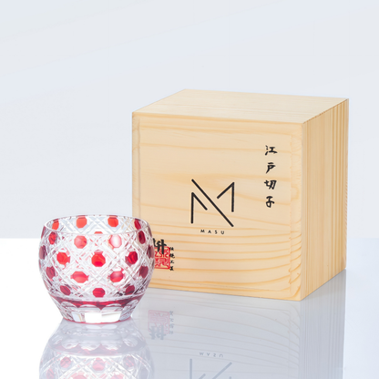 Sake Cup Edo Kiriko Akebono Guinomi Collection – Hand-Cut Crimson Japanese Sake Glass with Wooden Box | 4 Patterns