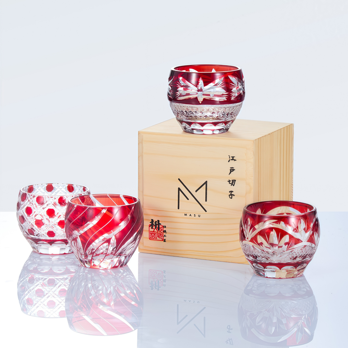 Sake Cup Edo Kiriko Akebono Guinomi Collection – Hand-Cut Crimson Japanese Sake Glass with Wooden Box | 4 Patterns