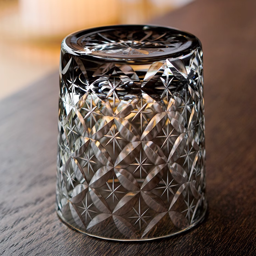 Whiskey Glass Edo Kiriko Asanoha Star – Hand-Cut Hemp Leaf Japanese Tumbler with Wooden Box