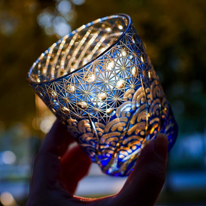 Whiskey Glass Edo Kiriko Blue Amber – Hand-Cut Japanese Tumbler with Wooden Box | Blue Chrysanthemum & Starry Sea