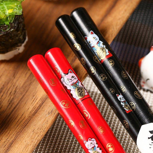 Chopstick Set | Maneki-Neko Lucky Cat Natural Wood Japanese Chopsticks with Rests