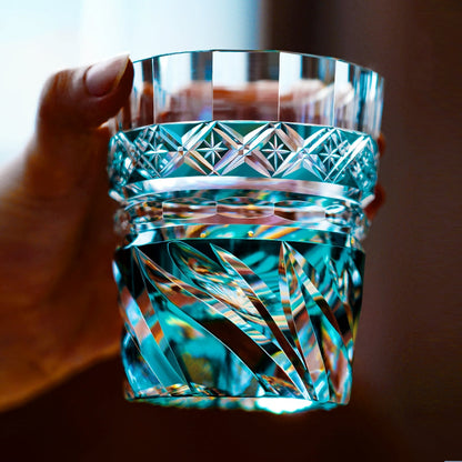 Whiskey Glass Edo Kiriko Aozora Kaze – Hand-Cut Azure Blue Japanese Tumbler with Wooden Box
