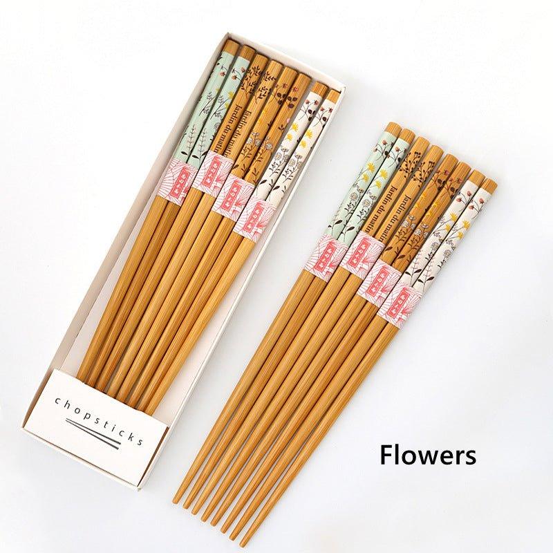 Bamboo Chopsticks Set of 8 | Japanese Home-Style Themed Patterns Daily Use