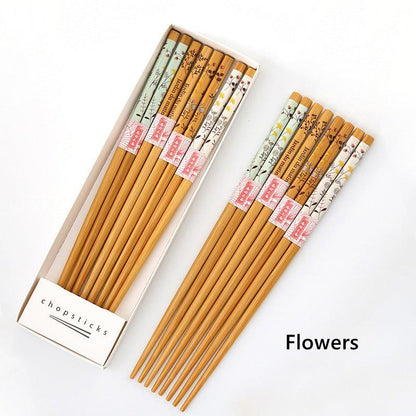 Bamboo Chopsticks Set of 8 | Japanese Home-Style Themed Patterns Daily Use