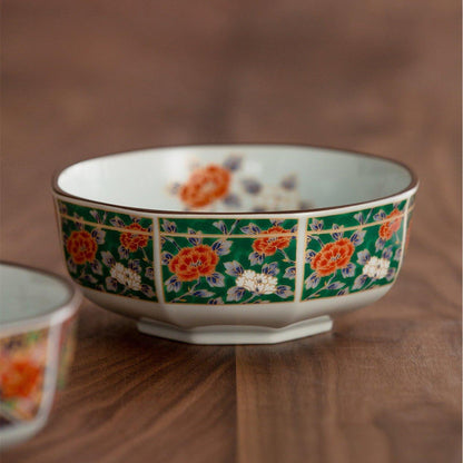 Bowl Set of 5 | Japanese Mino Ware Octagonal Court Brocade Ceramic Bowls