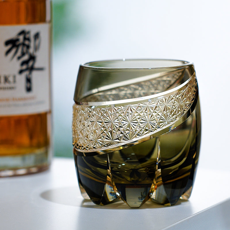 Whiskey Glass Obsidian Lightning | Edo Kiriko Gold Filigree Crystal