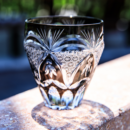 Kiriko Whiskey Glass Edo Kohaku Sakura Chrysanthemum Hand-Cut Crystal | Red Grey Japanese Glassware