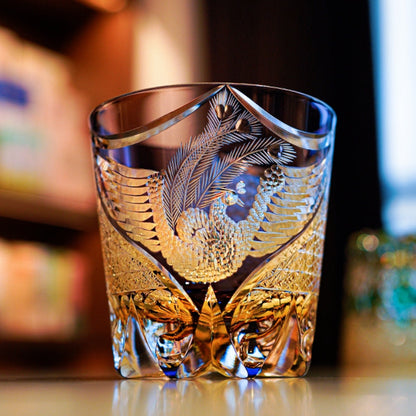 Whiskey Glass Edo Kiriko Handcrafted Dancing Phoenix with Wooden Gift Box