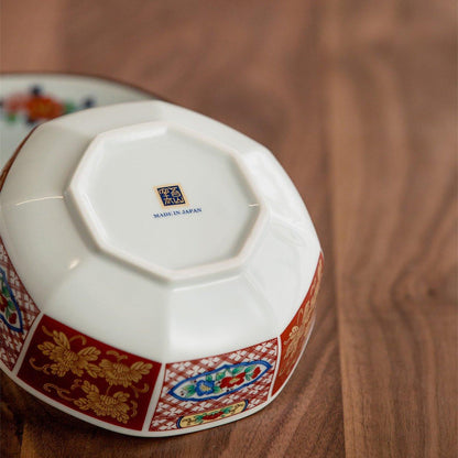Bowl Set of 5 | Japanese Mino Ware Octagonal Court Brocade Ceramic Bowls