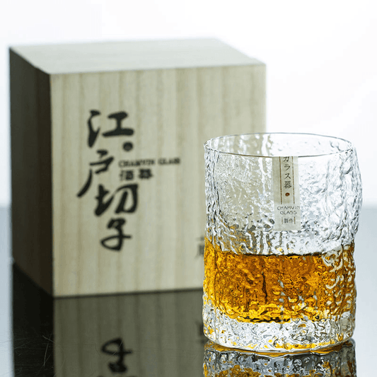 Whiskey Glass Edo Kiriko Chamvin Crumple Pattern Japanese Hand-Cut Crystal with Wooden Box