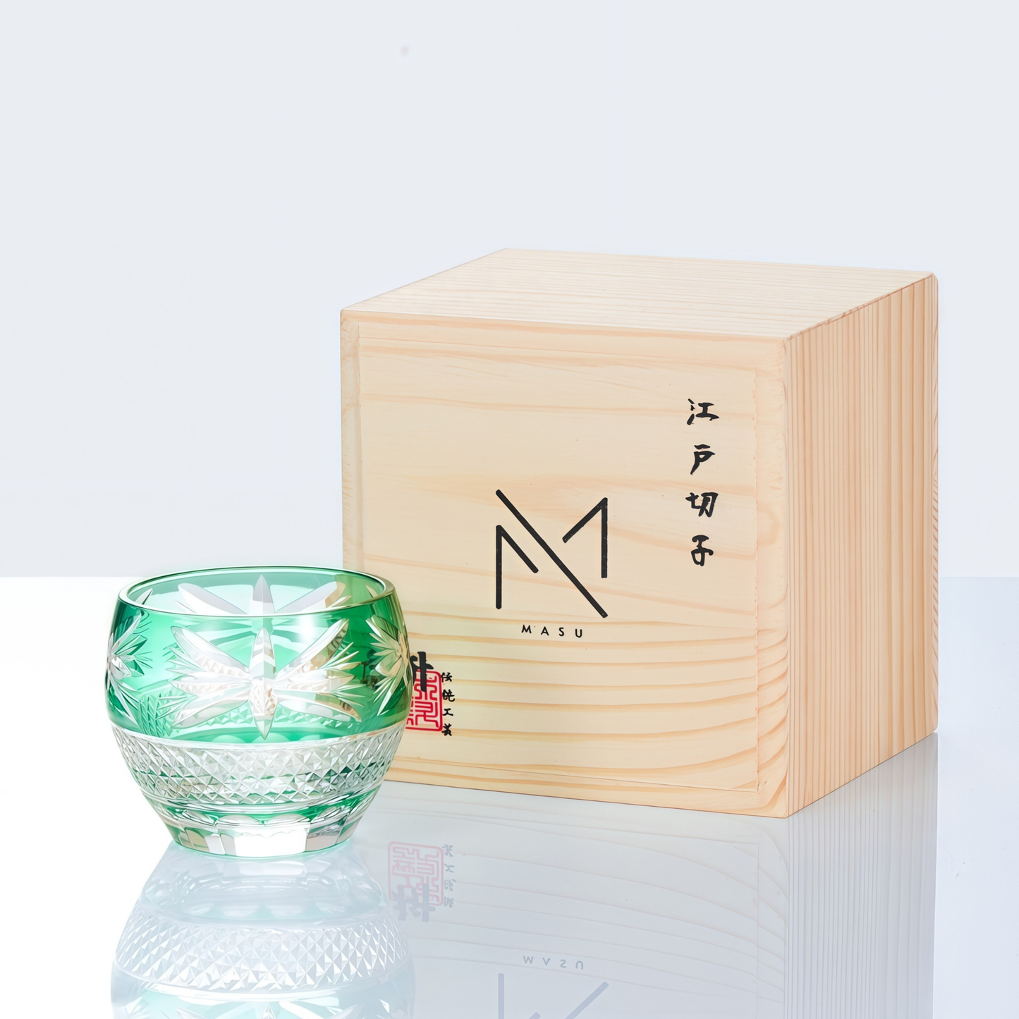 Sake Cup Guinomi Midoriha Collection | Edo Kiriko Hand-Cut Crystal Green & Red Japanese Glass