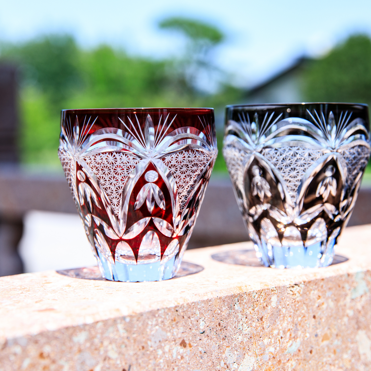 Kiriko Whiskey Glass Edo Kohaku Sakura Chrysanthemum Hand-Cut Crystal | Red Grey Japanese Glassware