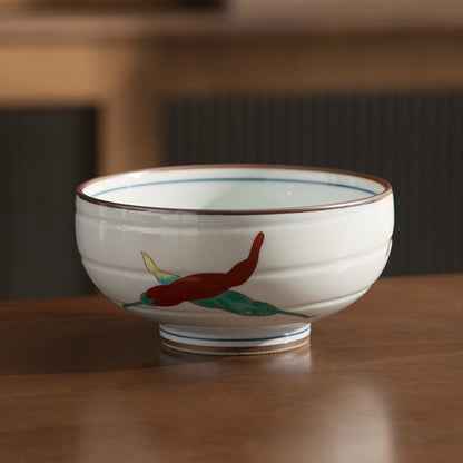 Bowl Set Arita Ware Shikayama Hand-Painted Japanese Ceramic Rice Bowl Set of 5 Wooden Box Made in Japan