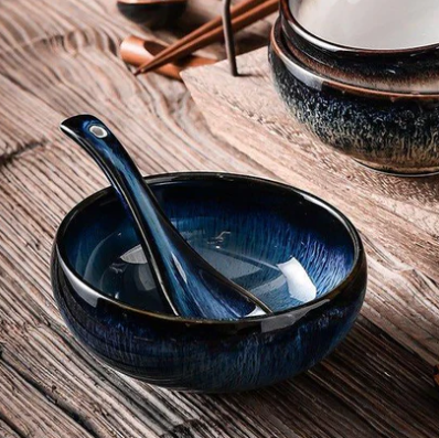 Glazed Ceramic Bowl Japanese Gloss Finish Blue Teal with Spoon Option