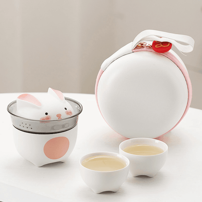 Tea Set Ceramic Bunny Teapot & Cups with Leather Carrying Case – Cute Gift Set