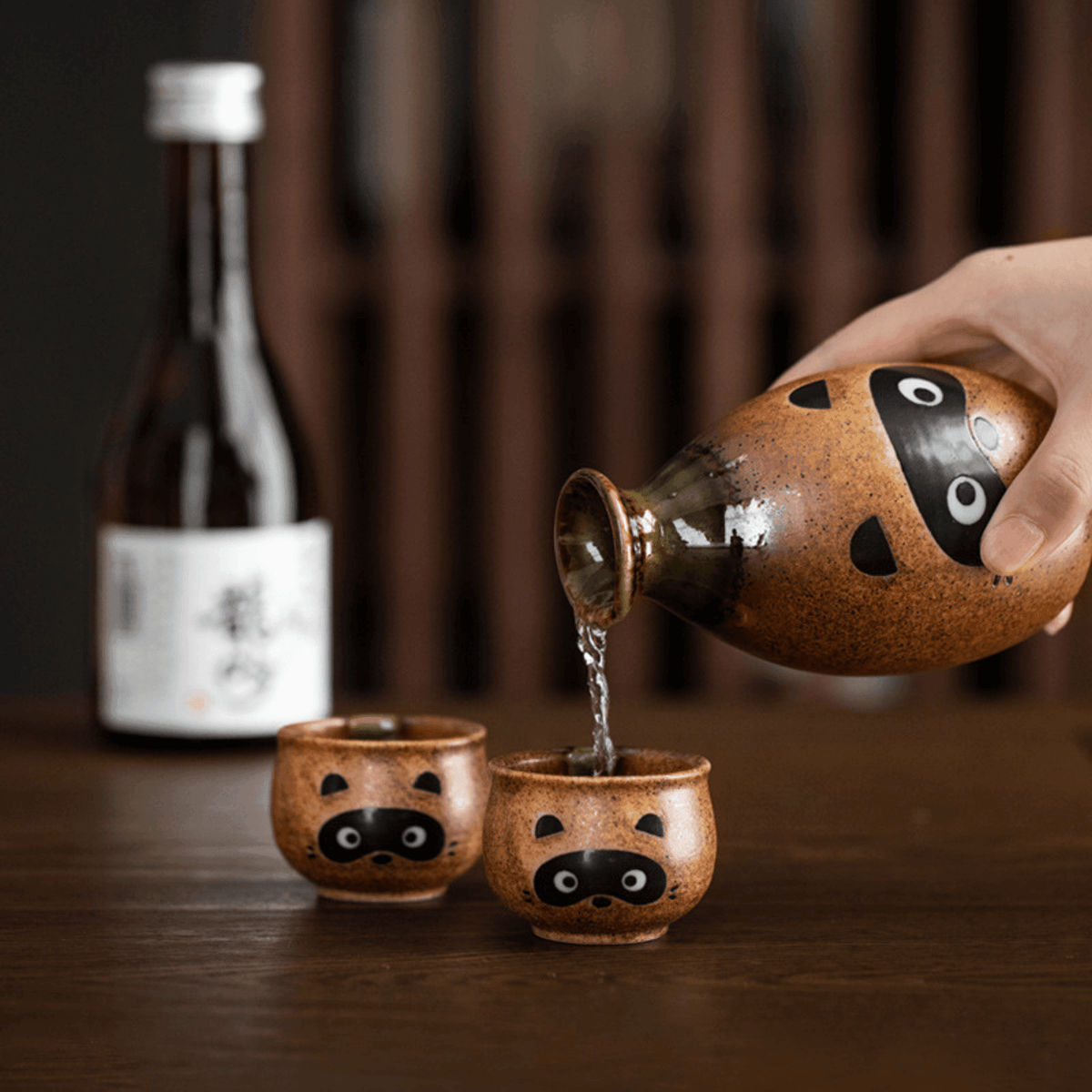 Ceramic Sake Set Tanuki Japanese Handcrafted Raccoon Folk Art Lucky