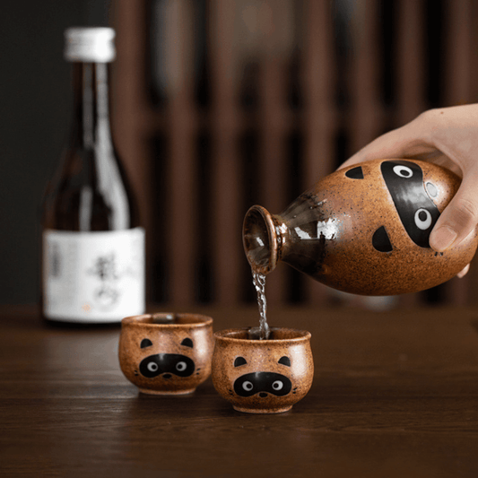 Ceramic Sake Set Tanuki Japanese Handcrafted Raccoon Folk Art Lucky