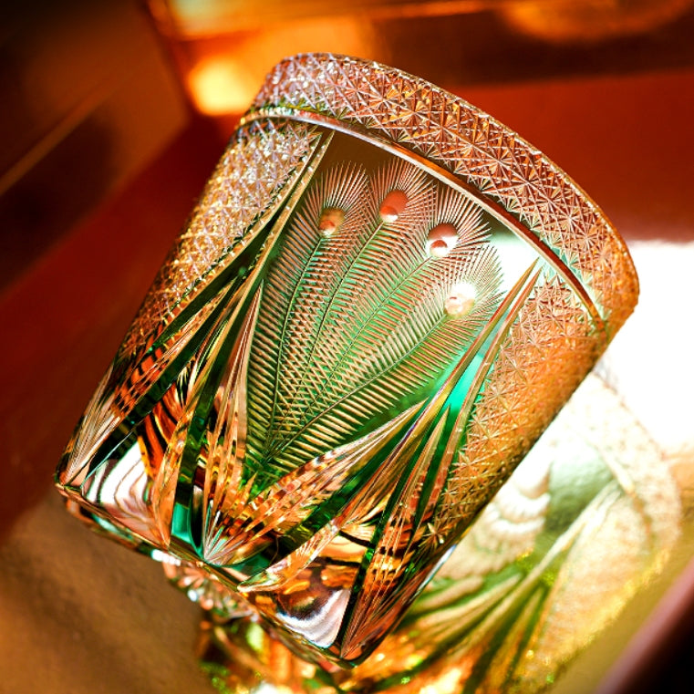 Whiskey Glass Edo Kiriko Handcrafted Emerald Peacock with Wooden Gift Box