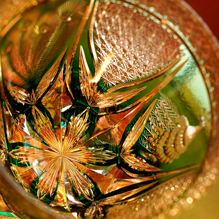 Whiskey Glass Edo Kiriko Handcrafted Emerald Peacock with Wooden Gift Box